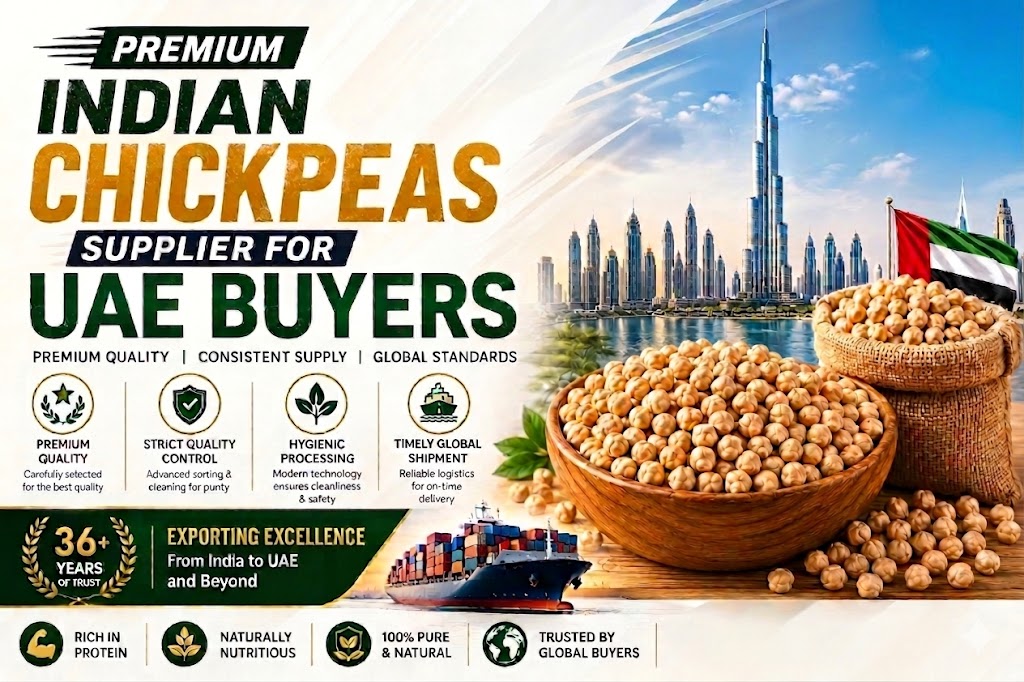 Premium Indian Chickpeas Supplier for UAE Buyers export banner with UAE trade and chickpeas theme