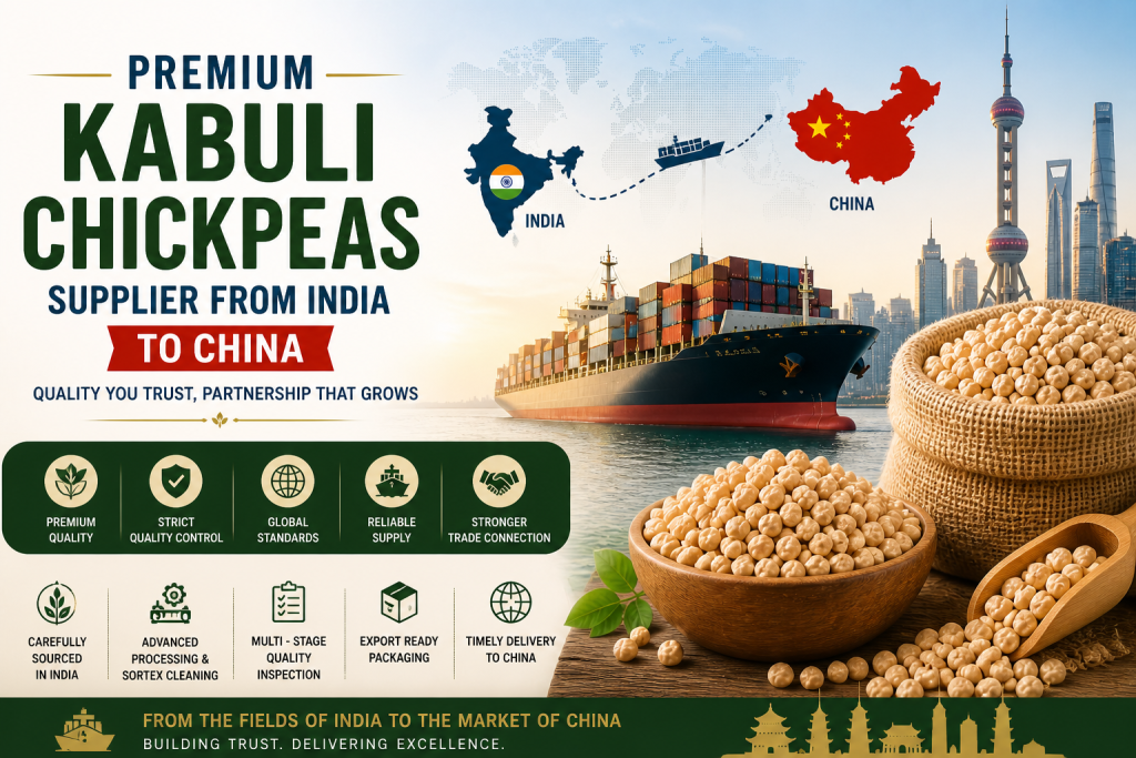 Kabuli Chickpeas Supplier from India to China premium quality export banner showing India to China trade