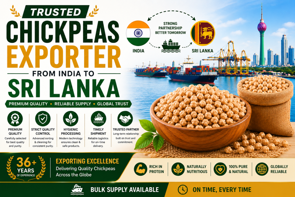 Trusted Chickpeas Exporter from India to Sri Lanka banner with export trade and chickpeas theme