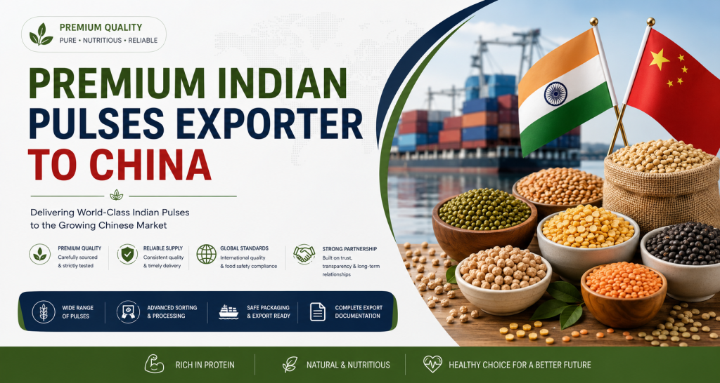 Premium Indian Pulses Exporter to China showcasing export-quality chickpeas, lentils, mung beans, and international agricultural trade between India and China
