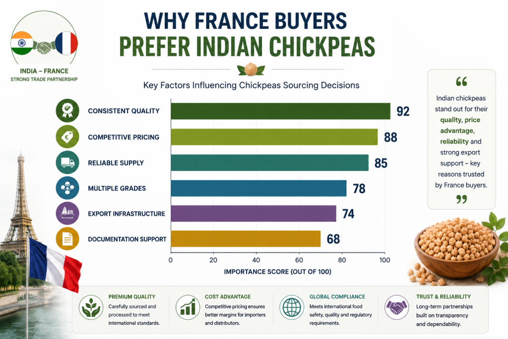 Horizontal bar chart showing the top reasons France buyers source chickpeas from India including consistent quality, competitive pricing, reliable supply, multiple grades, export infrastructure, and documentation support