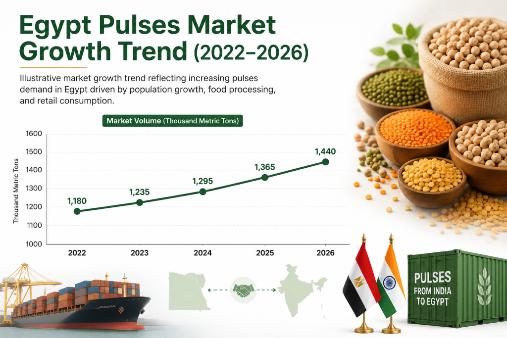 Line graph showing Egypt pulses market growth trend from 2022 to 2026 with increasing demand for imported pulses driven by food processing, retail consumption, and population growth
