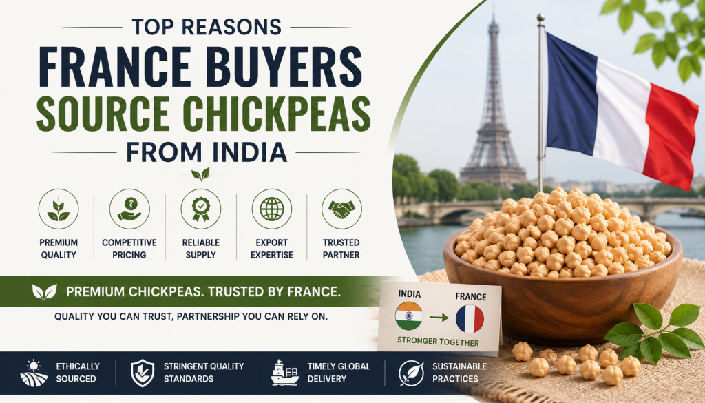 Premium Indian chickpeas for France buyers showcasing export-quality chickpeas, international trade, and reliable supply from India to France