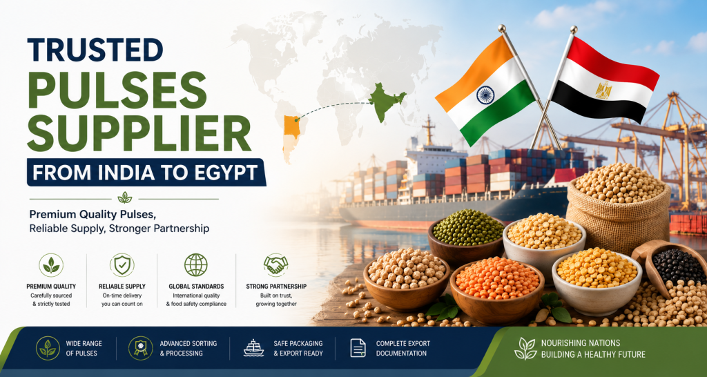 Trusted Pulses Supplier from India to Egypt showcasing premium quality chickpeas, lentils, and pulses prepared for international export from India to Egypt