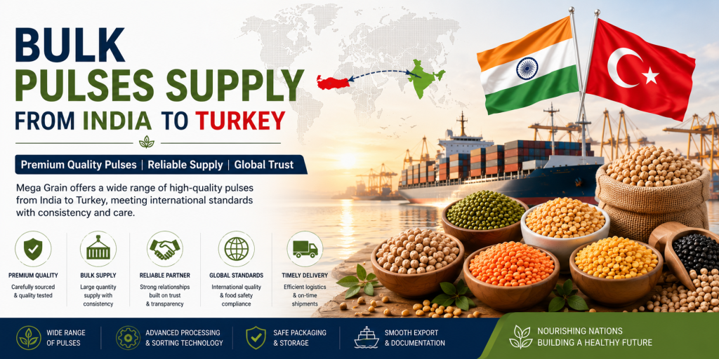 Bulk Pulses Supply from India to Turkey featuring export-quality chickpeas, lentils, and pulses prepared for international shipment from India to Turkey
