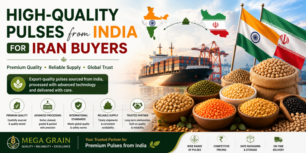 High-Quality Pulses from India for Iran Buyers featuring export-quality chickpeas, lentils, mung beans, and premium Indian pulses prepared for shipment to Iran