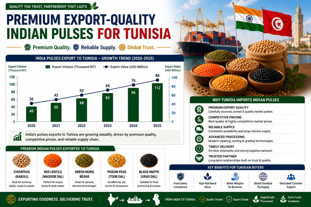 Line graph illustrating Tunisia's import demand for Premium Export Quality Indian Pulses for Tunisia from 2022 to 2026, showing steady growth driven by increasing food processing, retail demand, healthy eating trends, and reliable Indian supply chains.