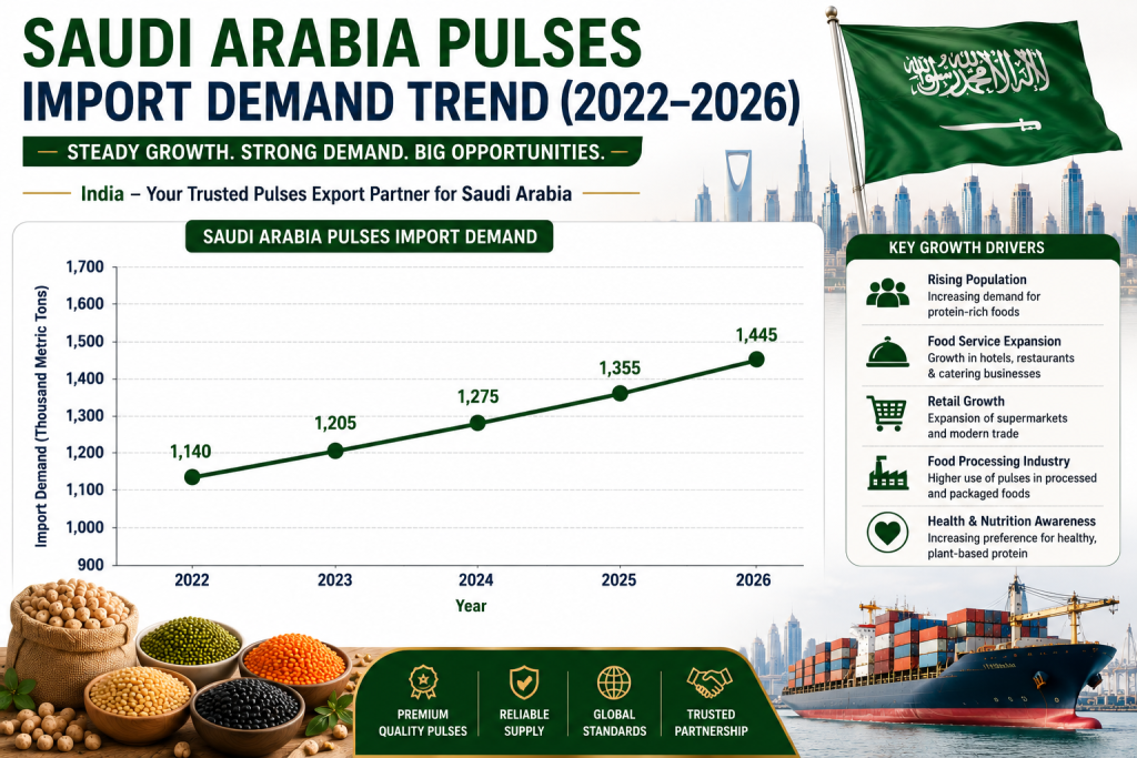 Line graph showing Saudi Arabia's imported pulses demand from 2022 to 2026, highlighting steady growth driven by population growth, food processing, hospitality, retail expansion, and increasing demand for protein-rich foods.