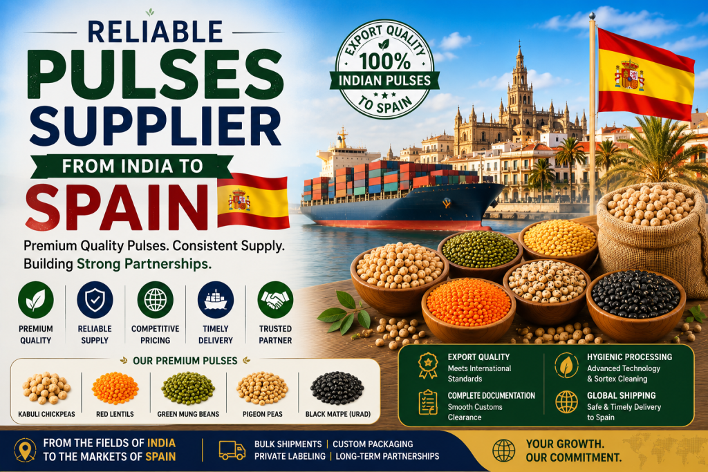 Reliable Pulses Supplier from India to Spain showcasing premium export-quality chickpeas, lentils, mung beans, cargo containers, and international bulk shipments from India to Spain