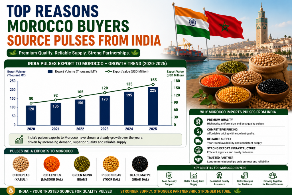 Line graph showing Morocco's import demand for Indian pulses from 2022 to 2026, highlighting steady growth in import volume driven by increasing consumer demand, food processing, retail expansion, and reliable Indian supply chains.