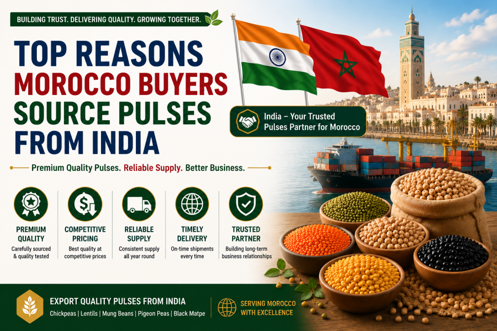 Top Reasons Morocco Buyers Source Pulses from India featuring premium Indian chickpeas, lentils, mung beans, export-quality pulses, cargo containers, and global trade for Moroccan importers