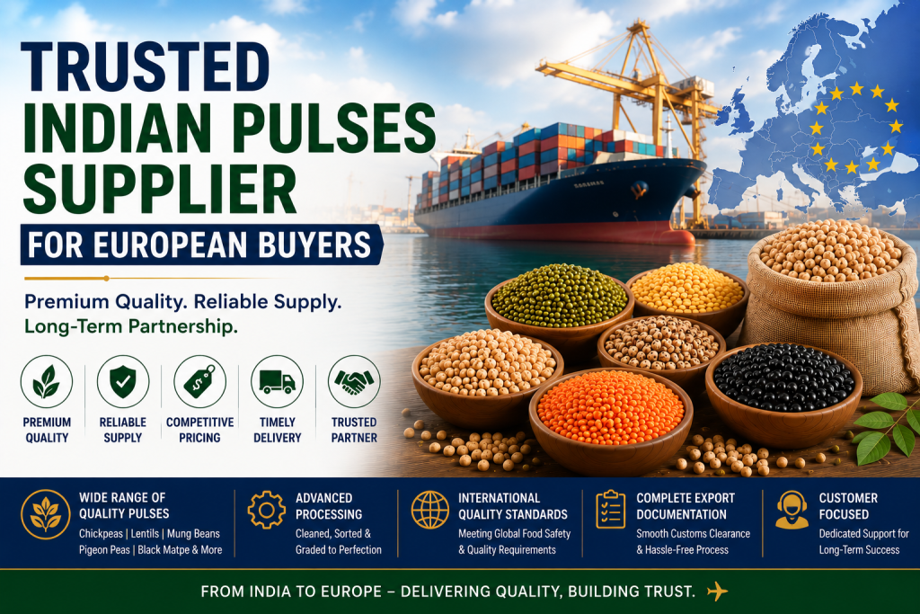 Trusted Indian Pulses Supplier for European Buyers featuring premium export-quality chickpeas, lentils, mung beans, cargo containers, and international bulk pulse shipments from India to Europe
