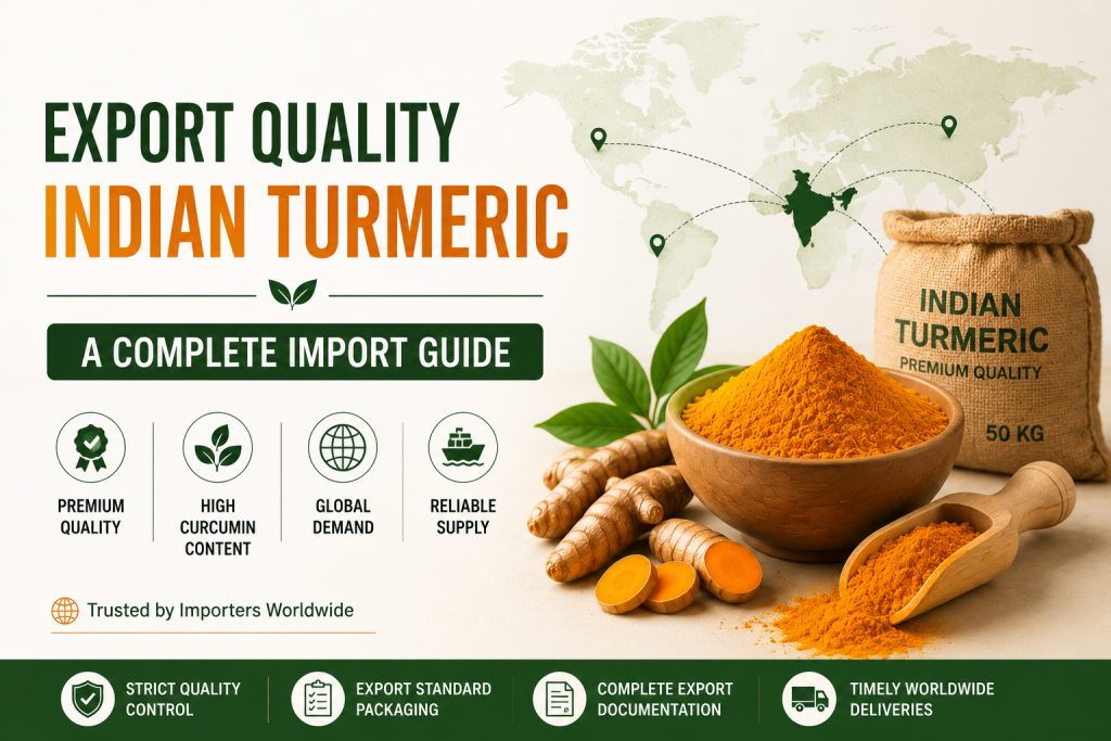 Export Quality Indian Turmeric for global buyers showing premium turmeric fingers and turmeric powder from India