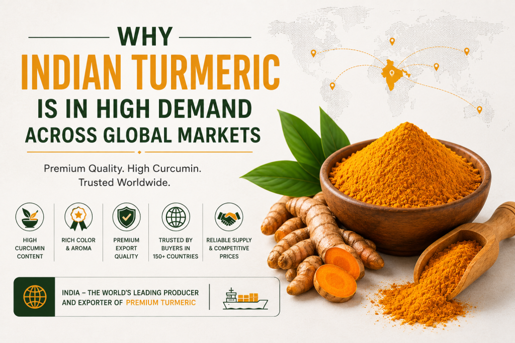 Why Indian Turmeric is in High Demand Across Global Markets featuring premium export-quality Indian turmeric fingers and turmeric powder